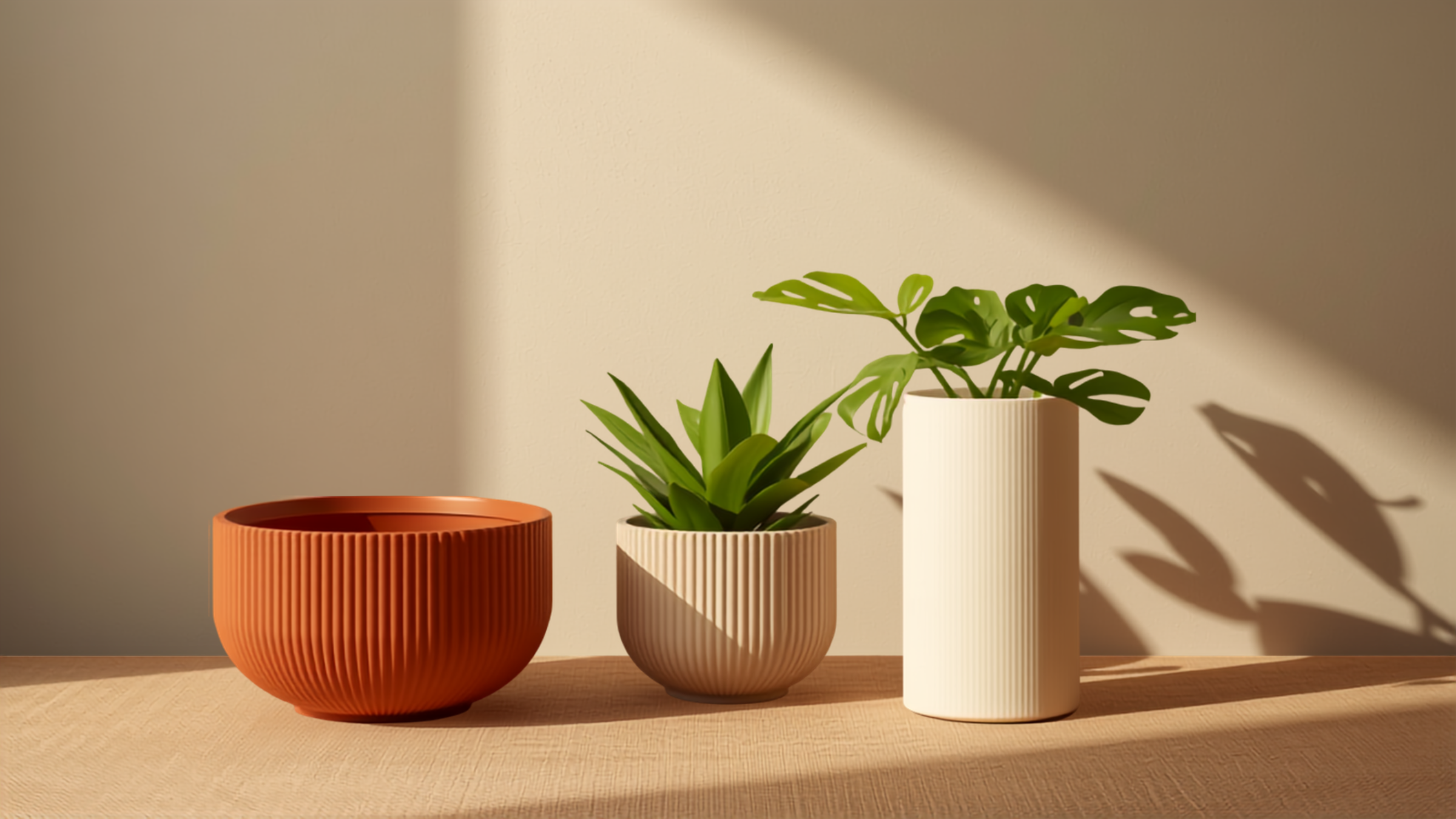 Colección Maceteros — maceteros impresos en 3D con plantas, tonos cálidos