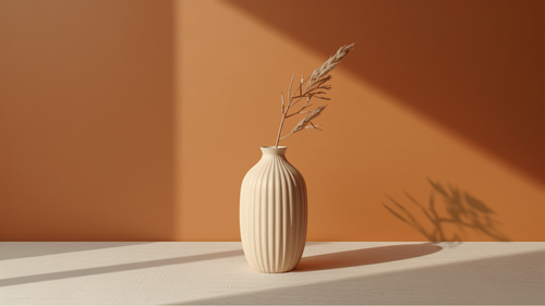 Jarrón minimalista MAYU impreso en 3D con silueta ondulada en tono cream con tallo de pampas