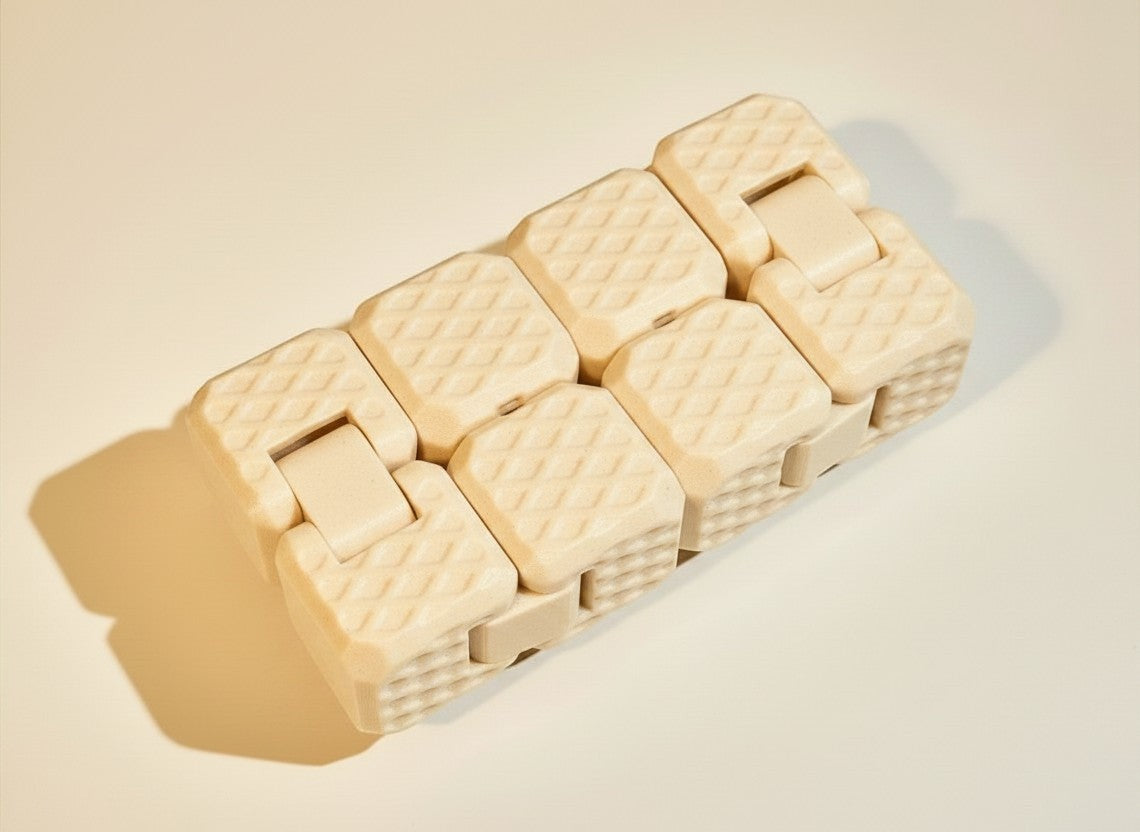 Cubo antiestrés articulado KAKU de Illa Home en color crema con texturas de panal y moleteado para enfoque y calma.