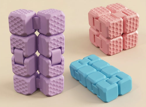 Cubo antiestrés articulado KAKU de Illa Home en colores lila, rosa y azul con texturas de panal y moleteado.