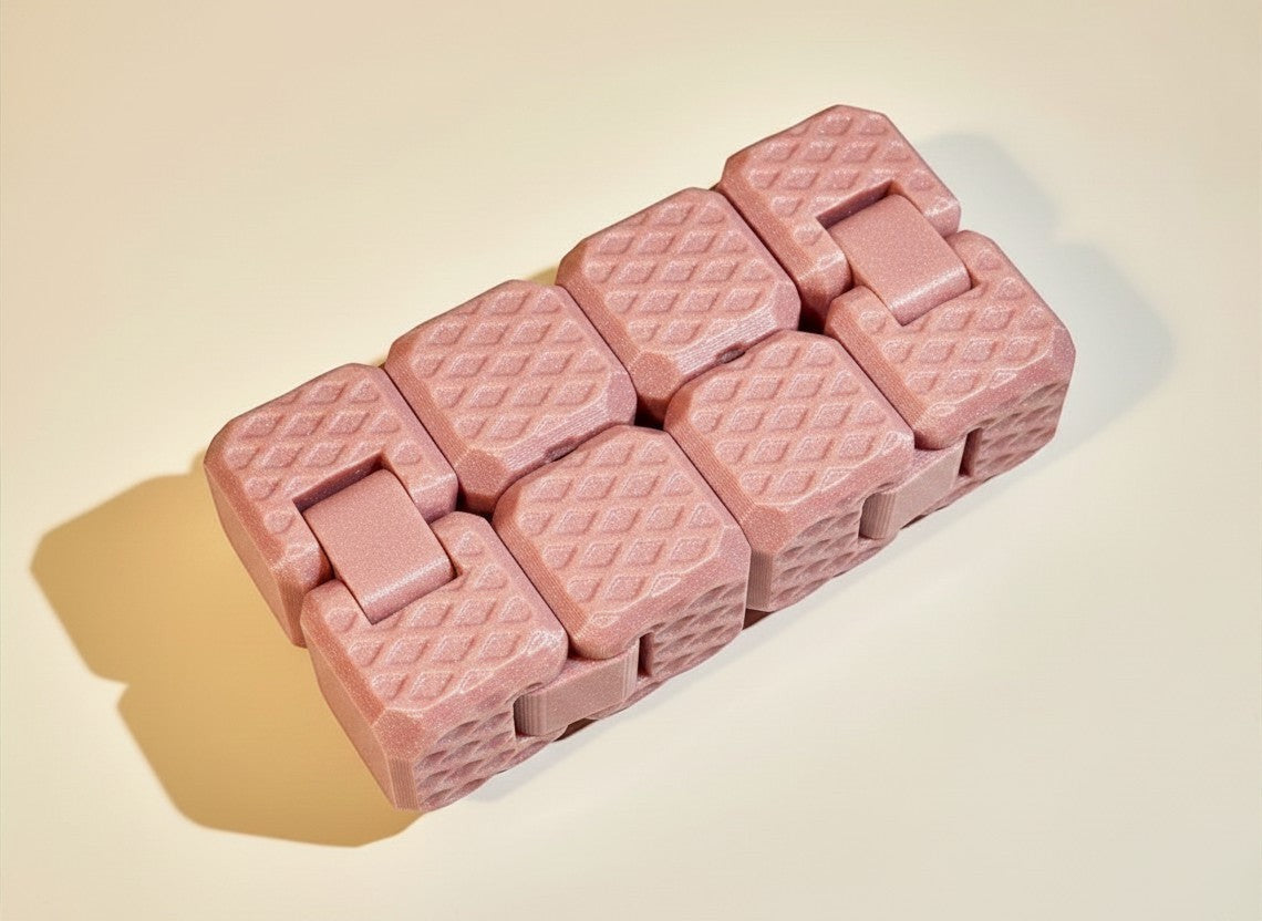 Cubo antiestrés articulado KAKU de Illa Home en color rosa con textura de panal, fabricado en material PLA y PETG.