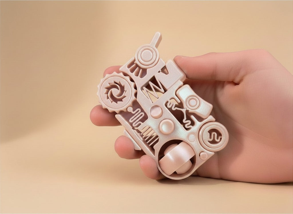 Juguete antiestrés 12 en 1 RO de Illa Home en color beige, fabricado en PLA y PETG, sostenido en la mano.