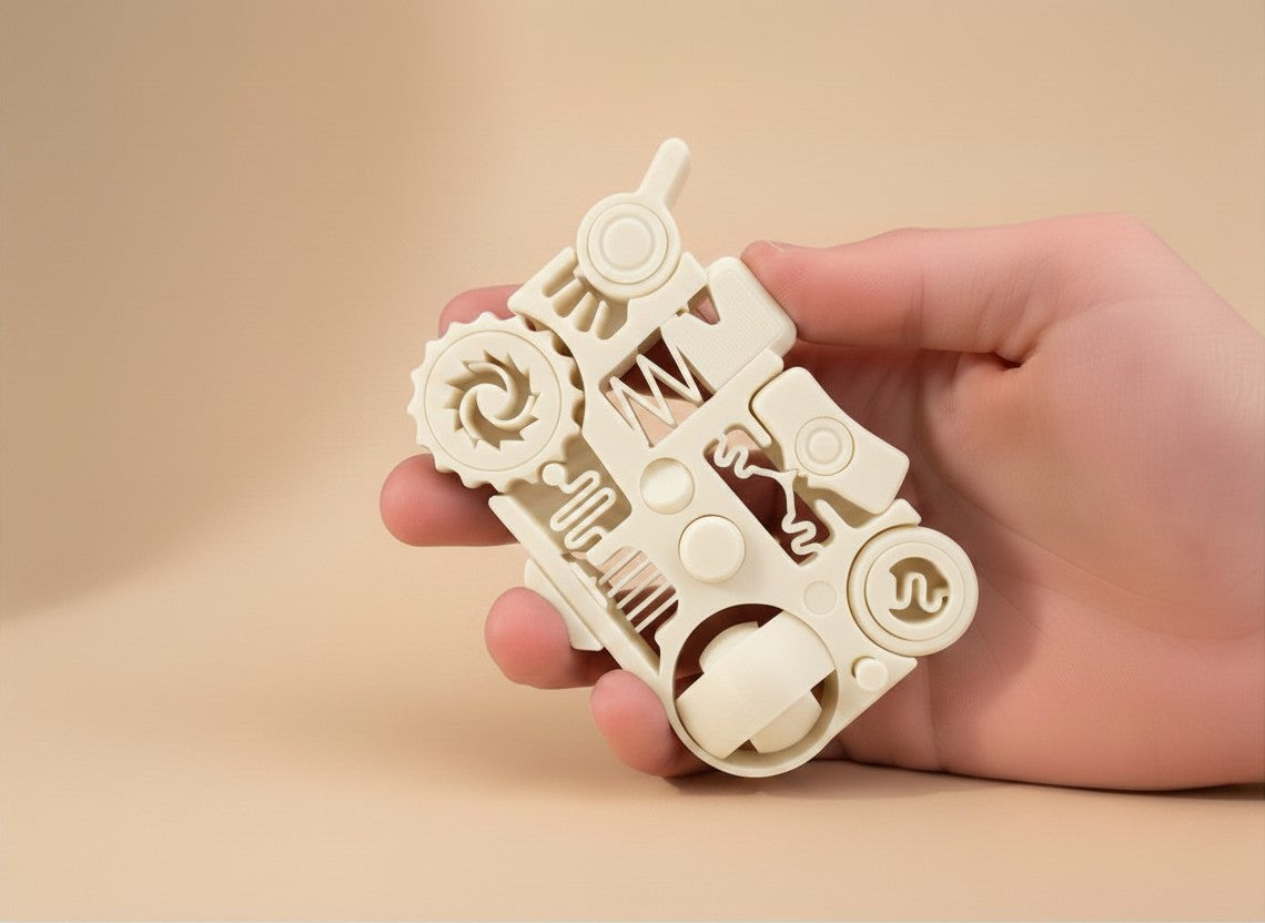 Juguete antiestrés Illa Home RO de color crema con 12 mecanismos táctiles, fabricado en material PLA y PETG.