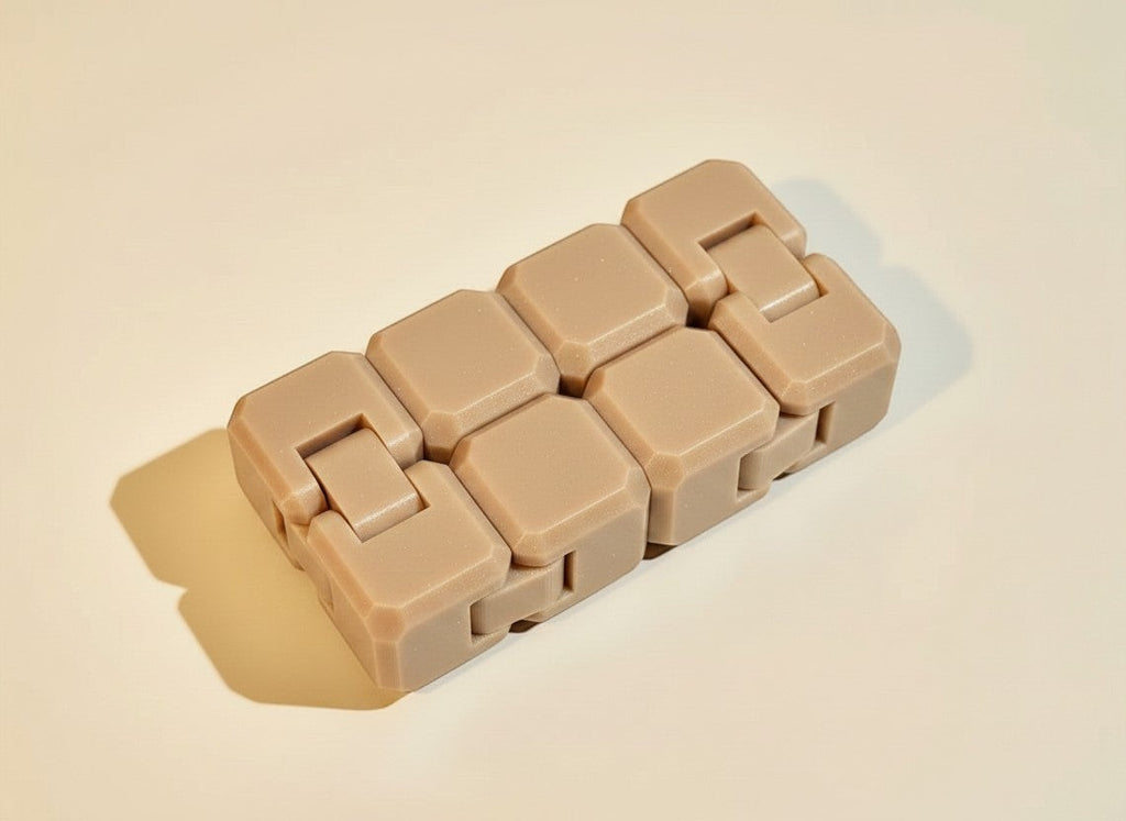 Cubo antiestrés articulado KAKU de Illa Home en color beige, fabricado en PLA con diseño plegable y texturizado.