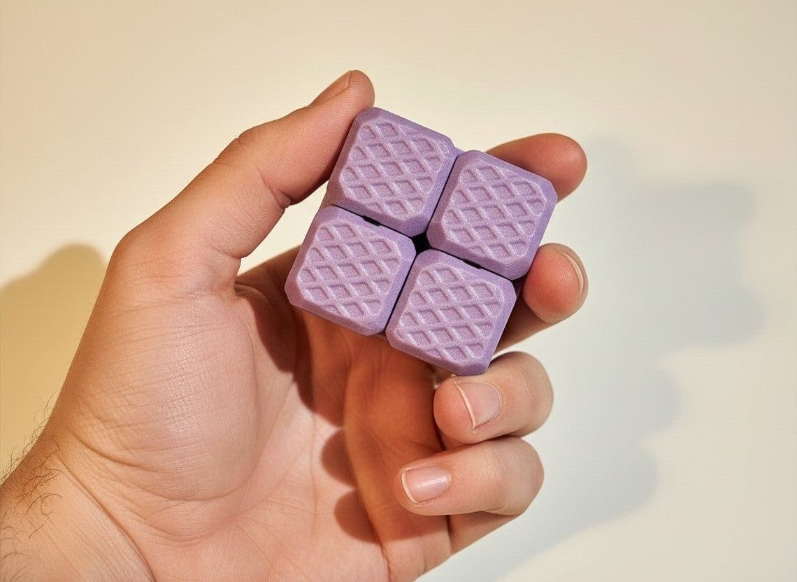 Cubo antiestrés articulado KAKU de Illa Home en color lila con textura de panal, sostenido en una mano.