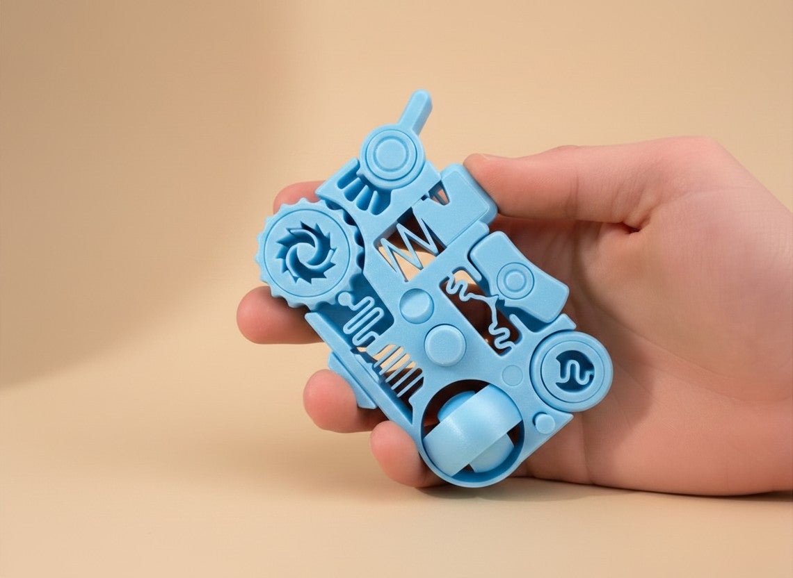 Juguete antiestrés Illa Home RO de color azul claro con múltiples mecanismos táctiles en material PLA y PETG